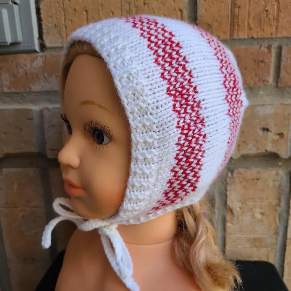 Baby Girl Knit Hat Bonnet White Red Front Tie Handmade Size 5-9 Months